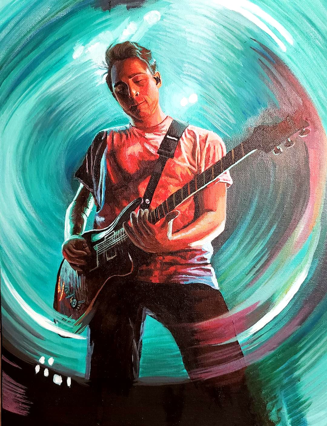 Original painting of guitarist Geoff Wigington mid-performance with a teal and red swirling background, by Ally Nowakowski.