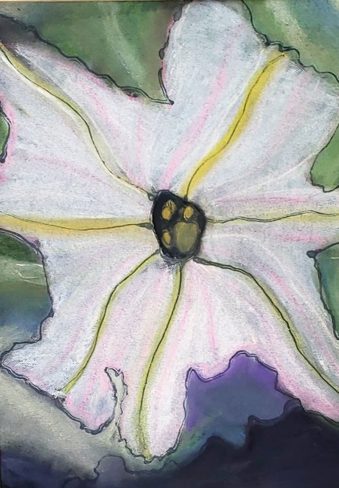 Original painting of a large white petunia bloom against a dark green and purple background, by Ally Nowakowski.