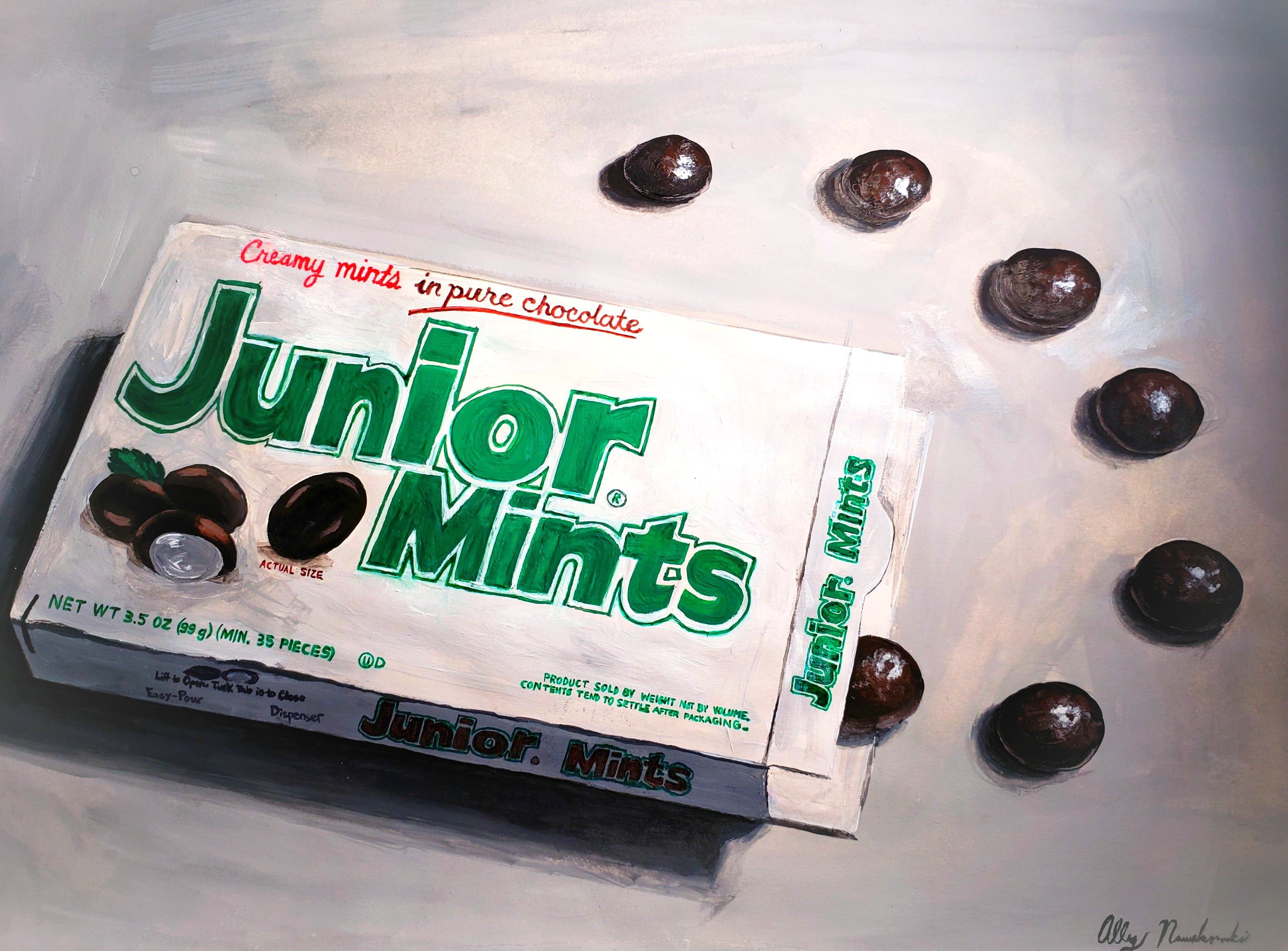 Photorealistic painting of a Junior Mints candy box surrounded by scattered mints, by Ally Nowakowski.