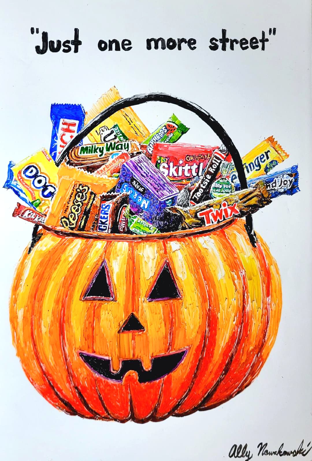 Painted illustration of a jack-o-lantern bucket overflowing with Halloween candy, by Ally Nowakowski.