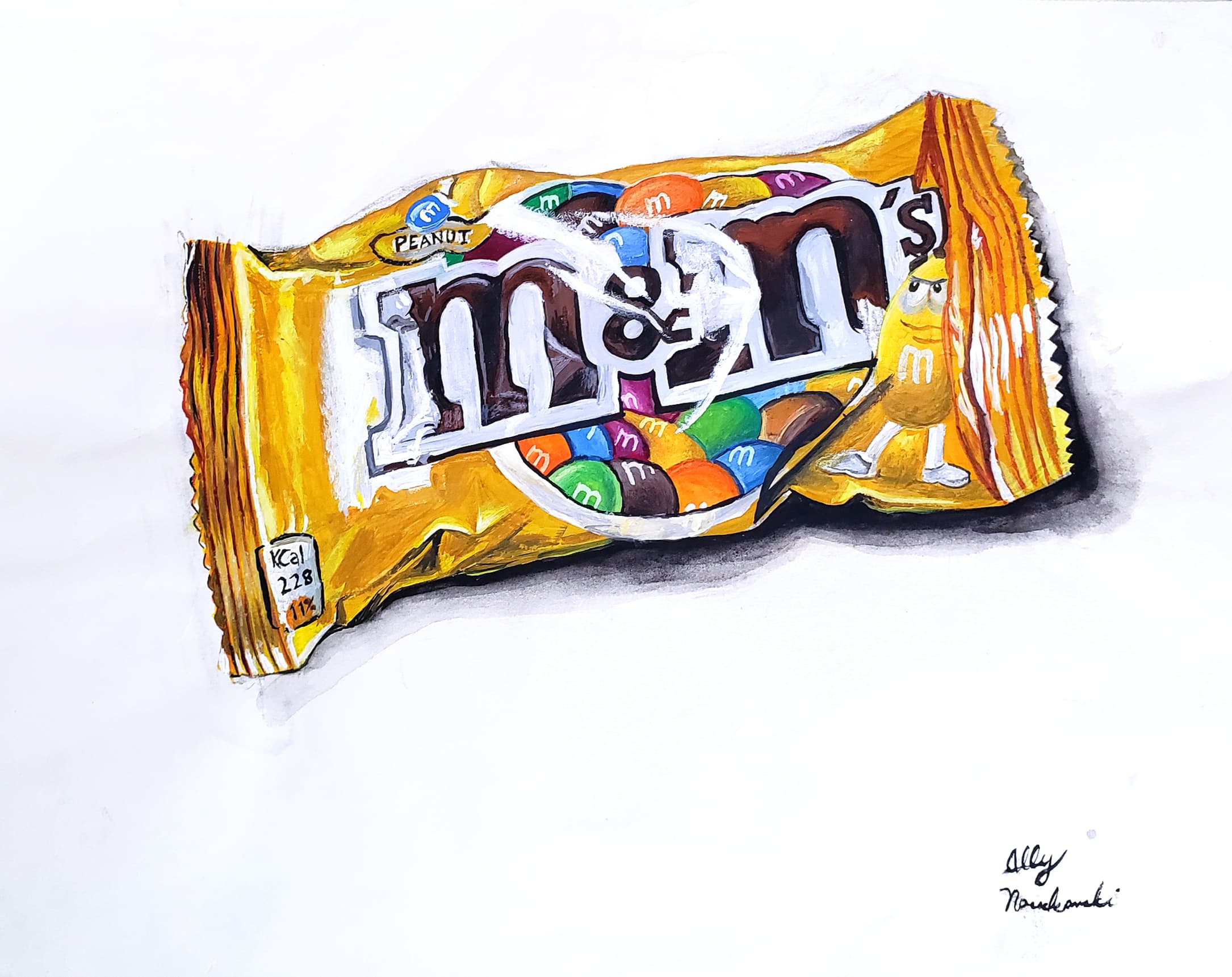 Photorealistic still life of a yellow peanut M&M's candy bag, by Ally Nowakowski.