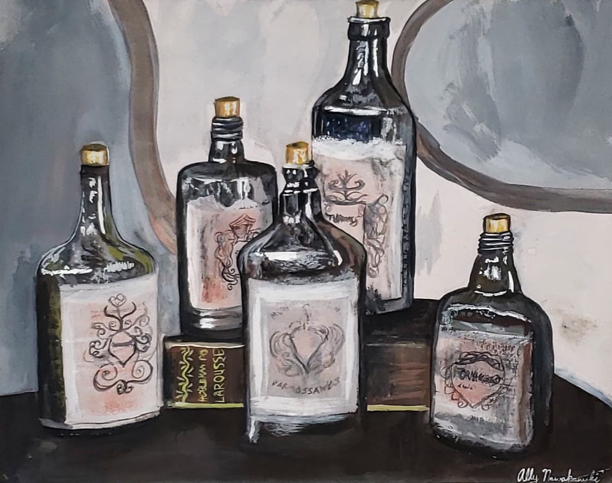 Atmospheric still life of vintage glass medicine bottles, by Ally Nowakowski.