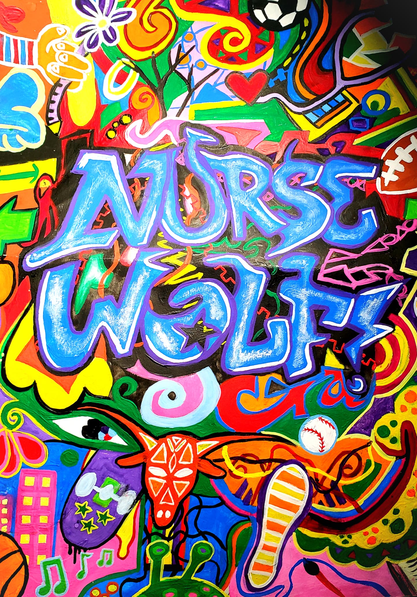 Pop-art original with 'Nurse Wolf' in graffiti lettering and colorful symbols, by Ally Nowakowski.
