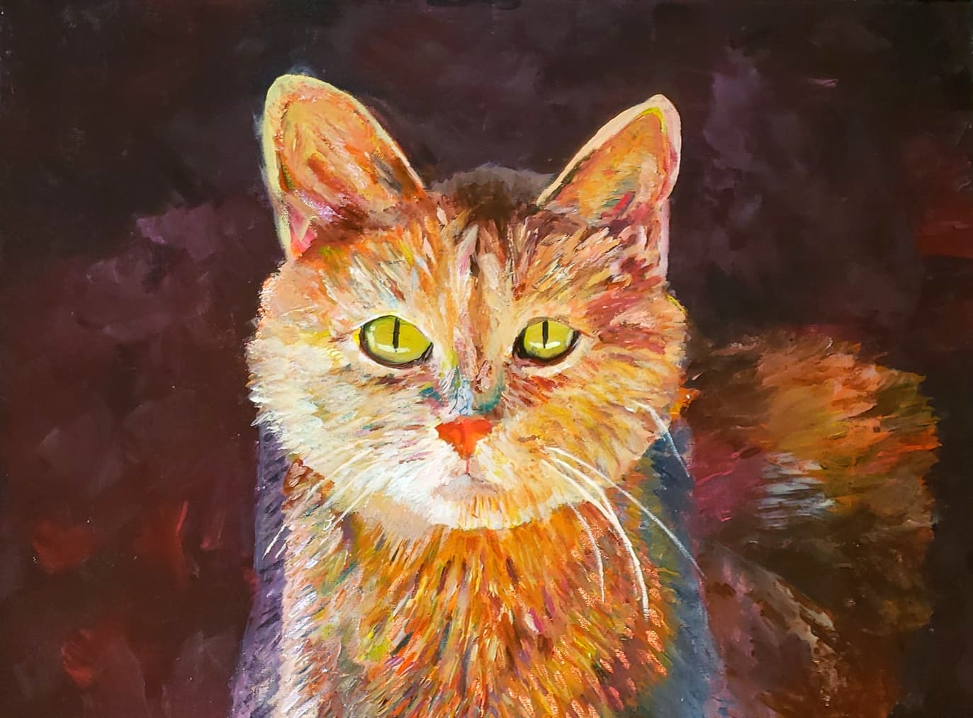 Bold expressive painting of an orange tabby cat against a deep maroon background, by Ally Nowakowski.