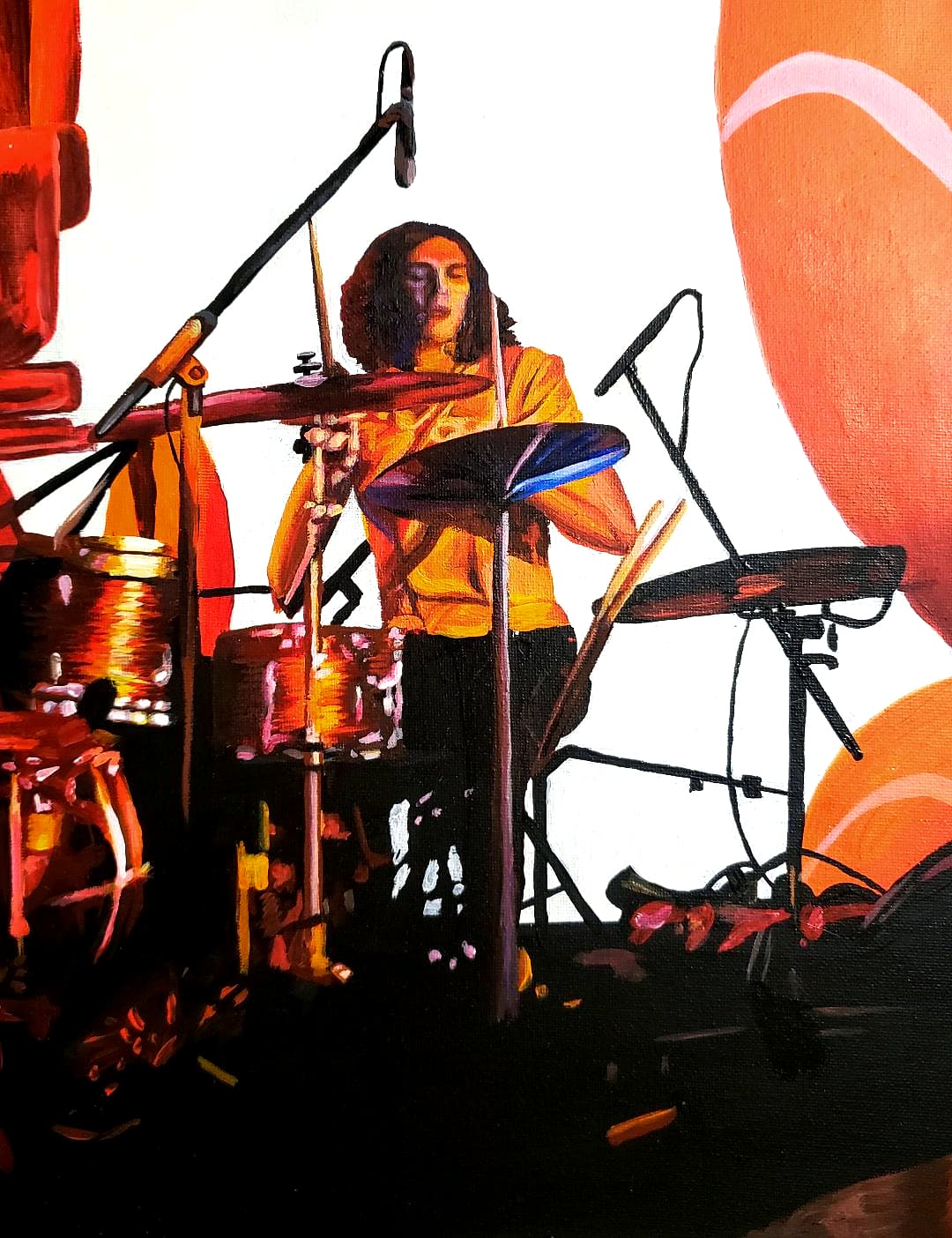 Original painting of drummer Otto Wood mid-performance behind his drum kit, by Ally Nowakowski.