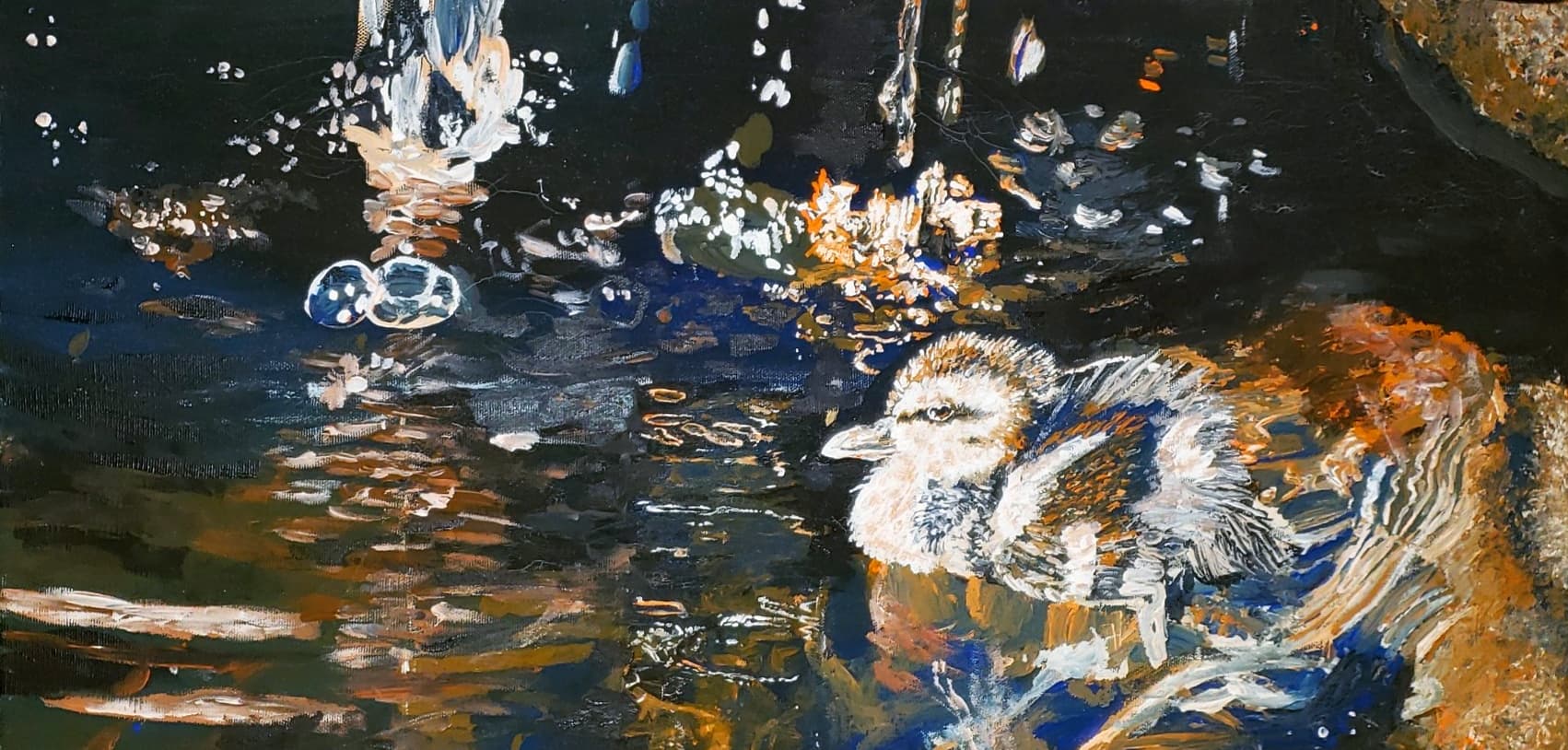 Painting of a duckling resting on dark pond water with shimmering reflections, by Ally Nowakowski.
