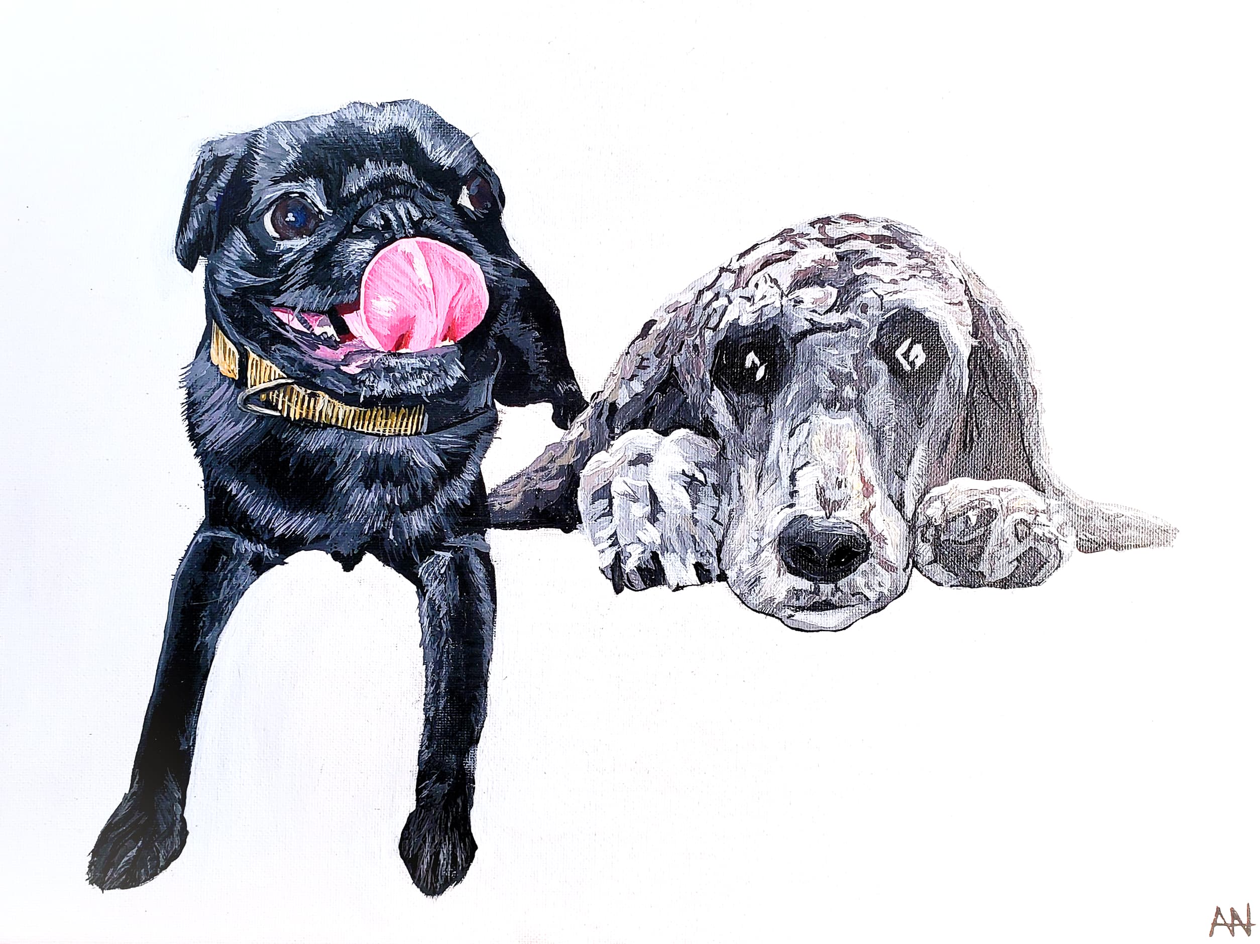 Painted group portrait of a black pug and a grey doodle lying side by side, by Ally Nowakowski.