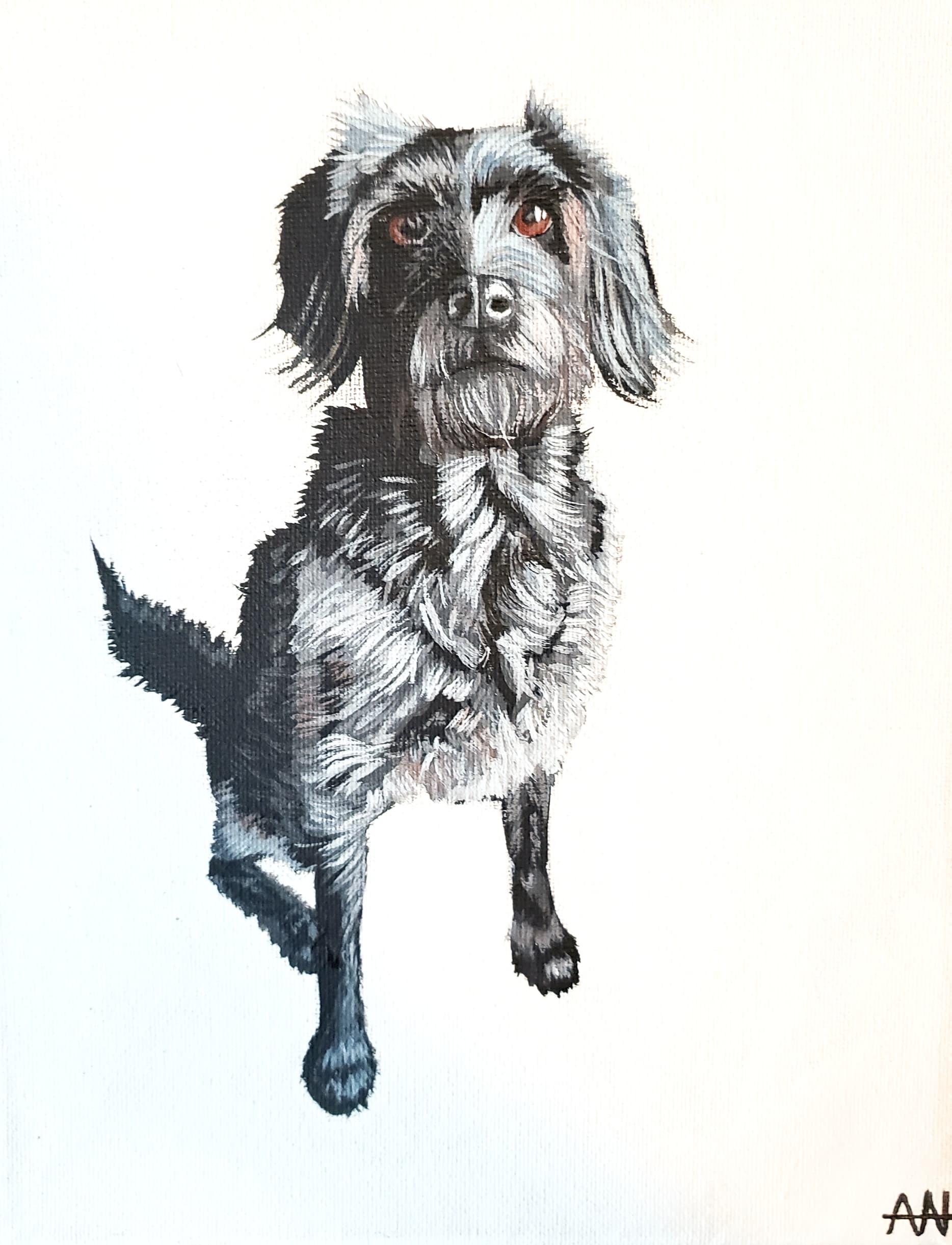 Painted portrait of a schnauzer-lab mix dog, by Ally Nowakowski.
