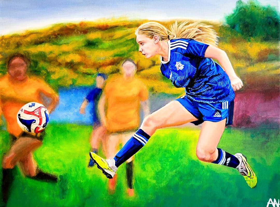 Painted portrait of a young blonde girl mid-kick during a soccer match, by Ally Nowakowski.