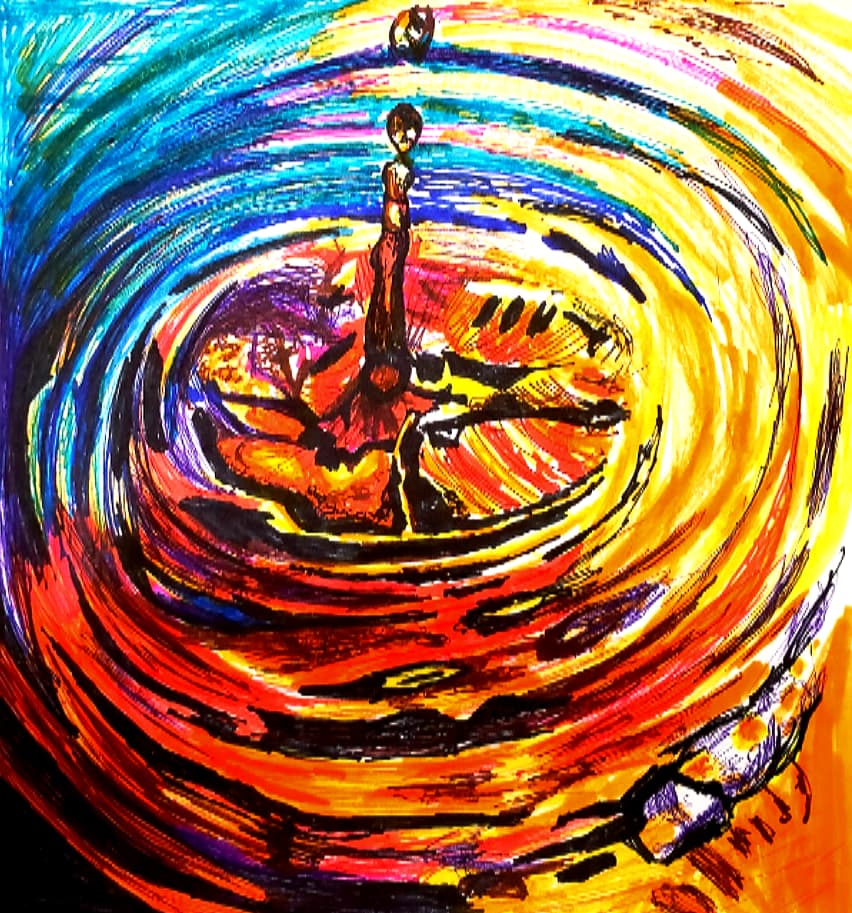 Abstract painting of a vivid orange droplet against swirling color, by Ally Nowakowski.