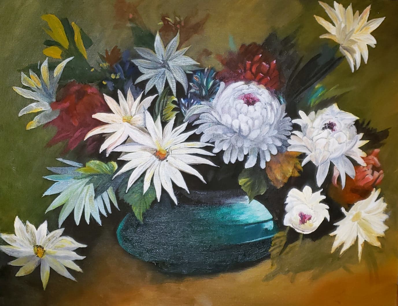 Original still life of white chrysanthemums and red flowers in a teal vase, by Ally Nowakowski.
