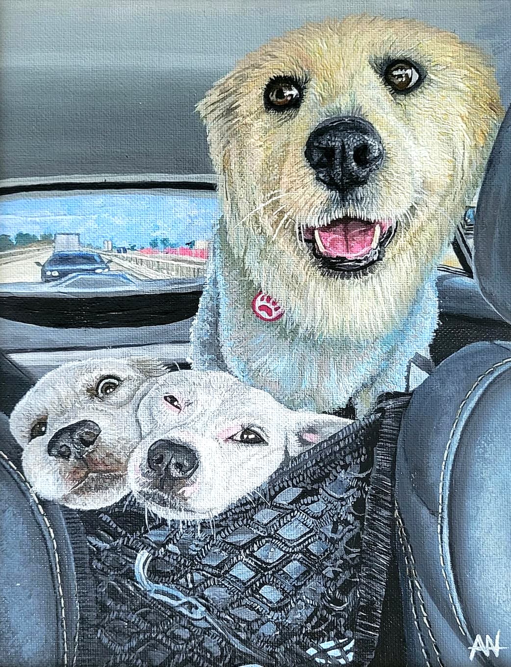 Painted scene of three dogs in a car with highway visible through the window, by Ally Nowakowski.