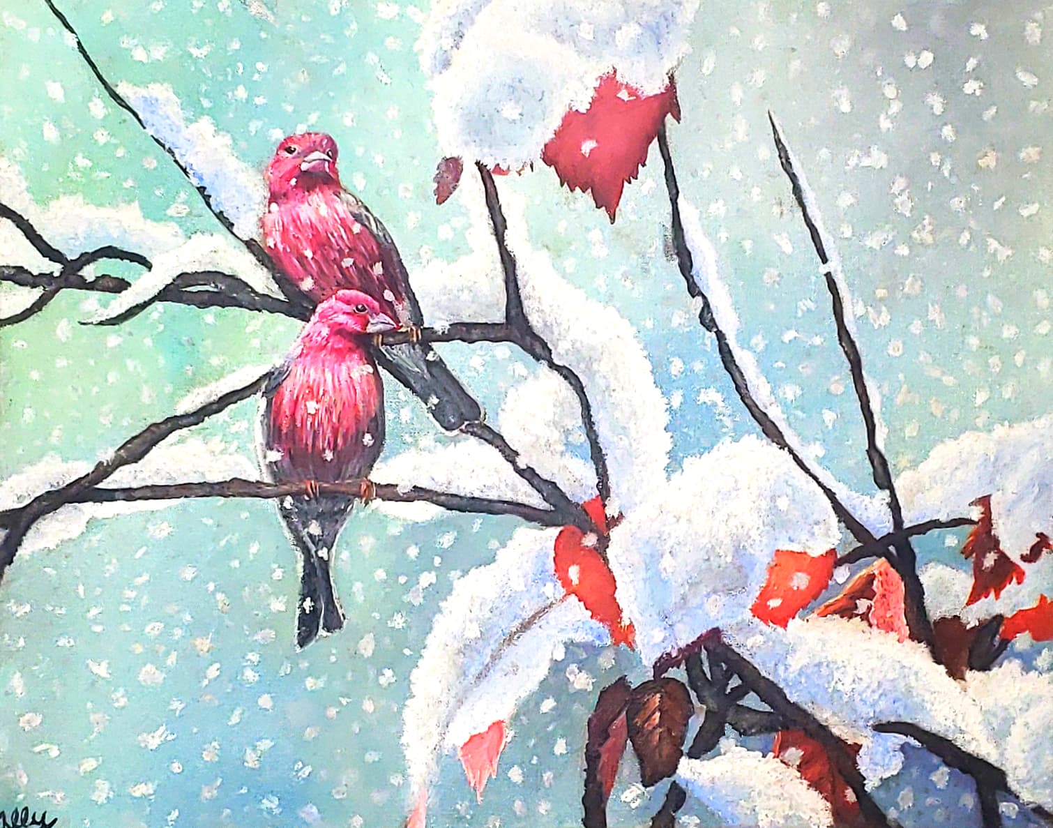 Two pink house finches perched on snowy branches with red leaves, by Ally Nowakowski.