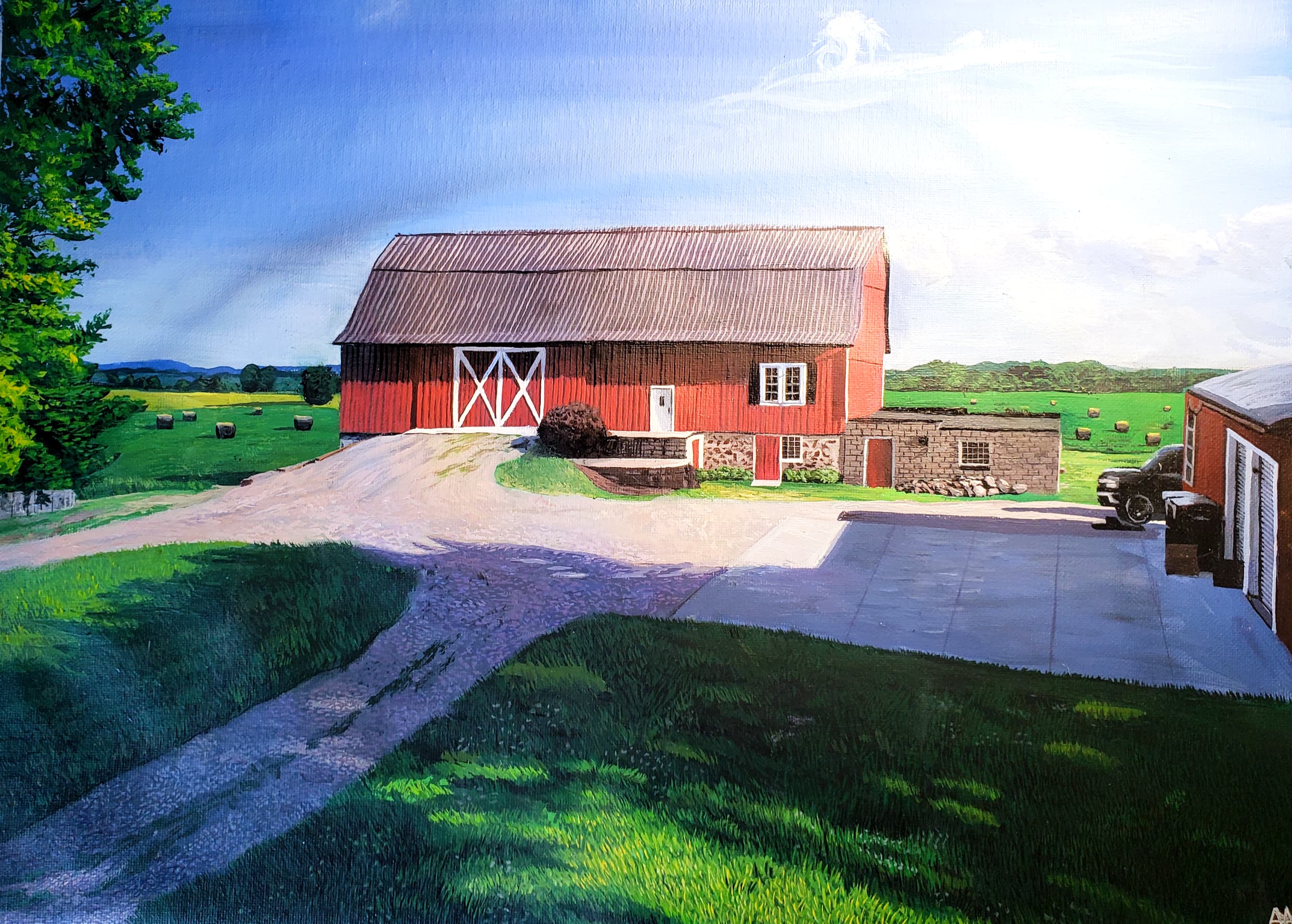 Painted landscape of a red Wisconsin barn with green field and distant hills, by Ally Nowakowski.
